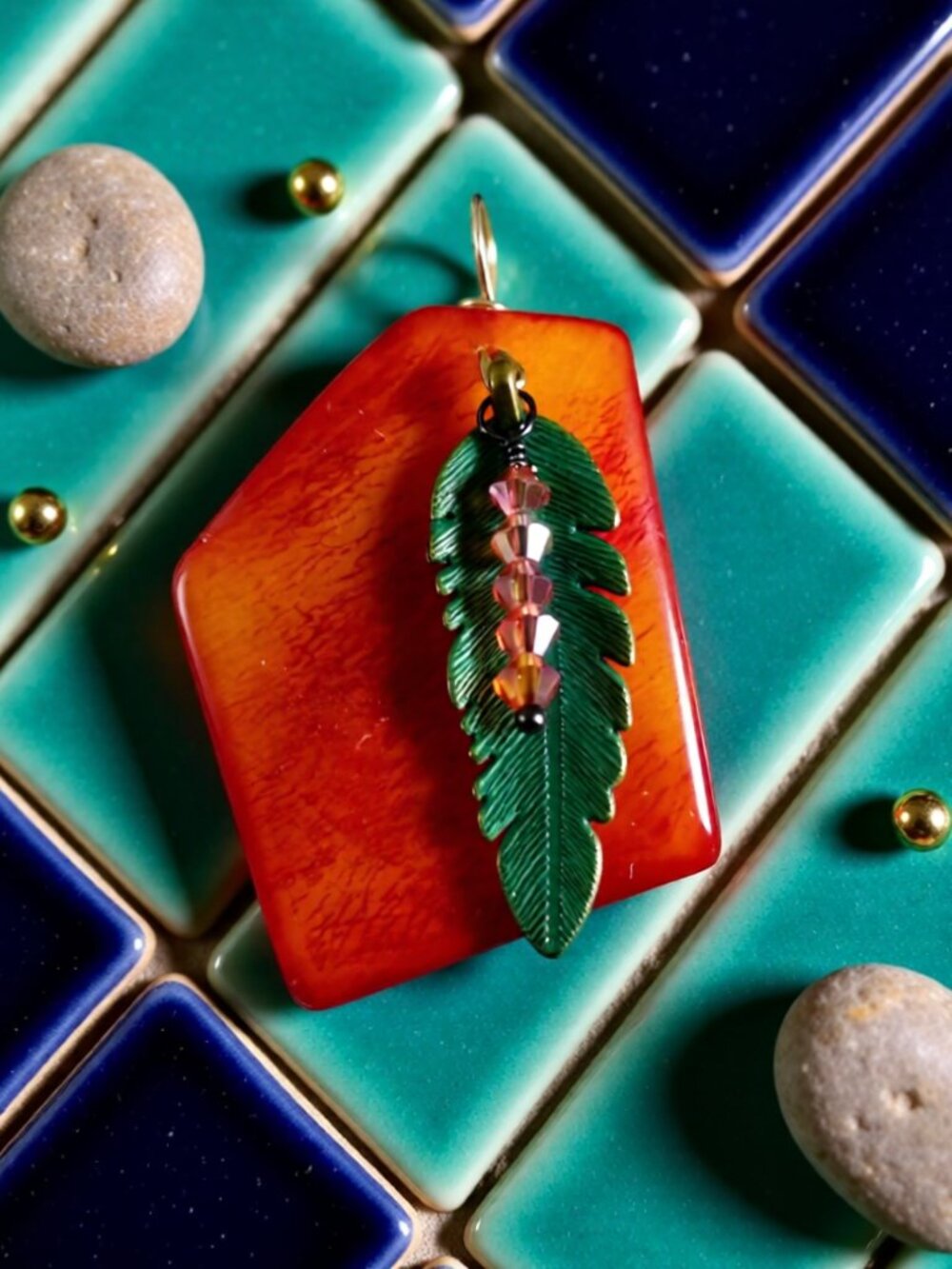 Bold Vibrant Orange Stone Pendant w. Leaf + Bling! ForestWitch & NatureLovers